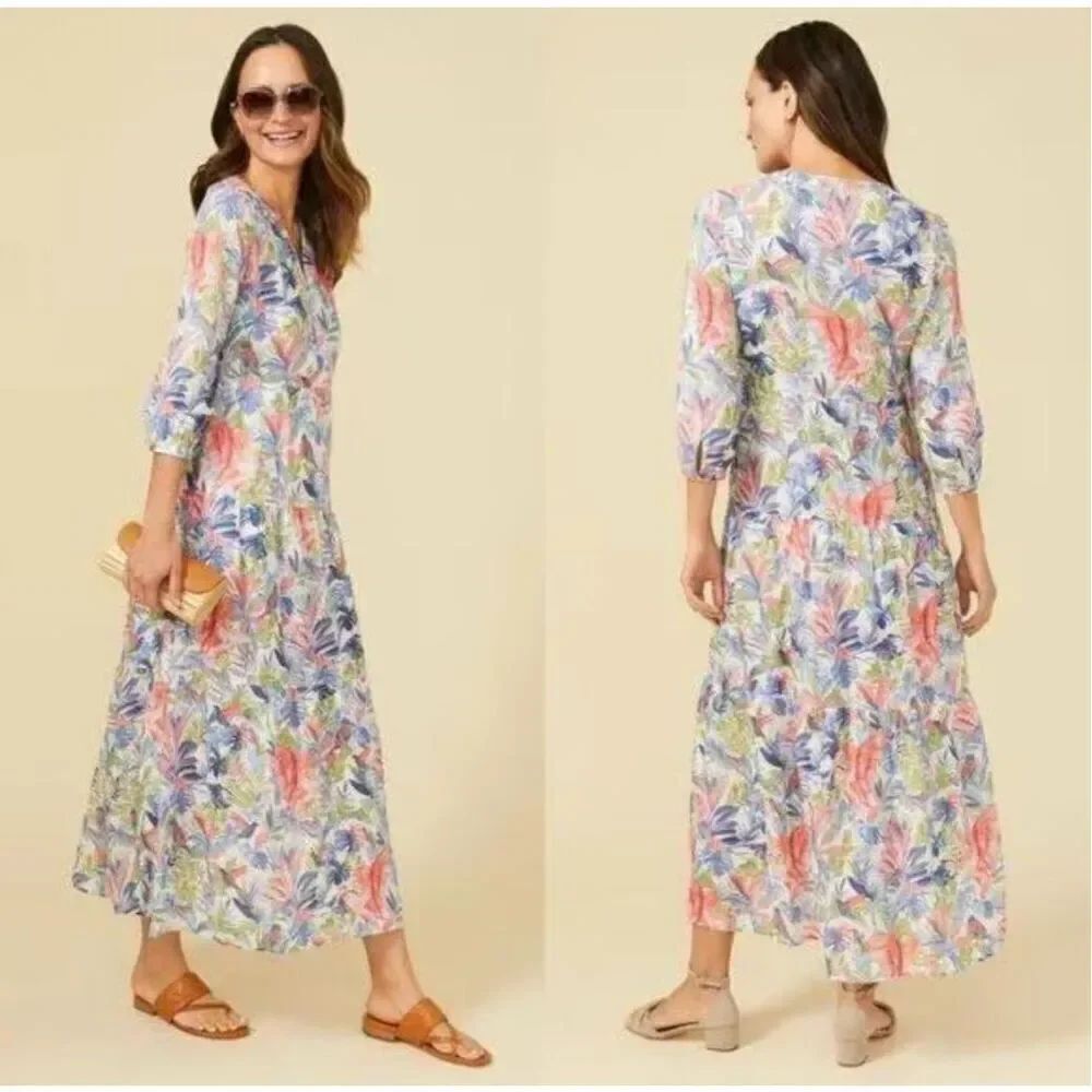 J.McLaughlin Mangrove Cunningham tropical print 100% Linen dress with pockets M